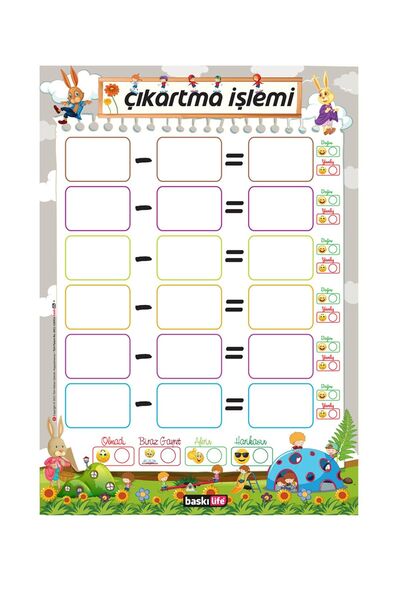 Baskı Life Yaz Sil 5'li Seti Eğlenceli Bölme, Çarpma, Çıkartma, Toplama Işlemi - A4 Pvc Karton