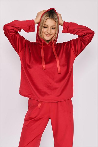 Nuseel Women's Soft Velvet Loose Fit Hooded Tracksuit Red