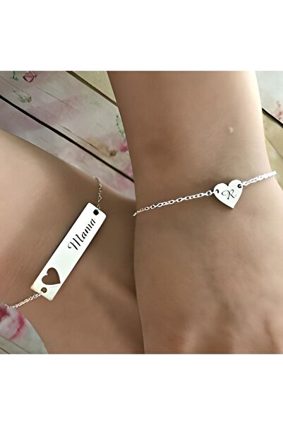 design albatros jewelry Anne Kız Çocuk 2 Li Kalp Plaka Gümüş Bileklik
