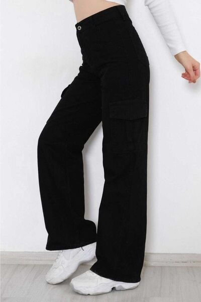 SHEVEGA Black Cargo Pocket Lycra High Waist Loose Wide Leg Denim Trousers Flare Jean