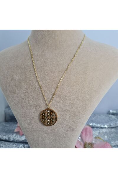 316L CELIK YASAM CICEGI UCLU ZIRKON TASLI GOLD KOLYE