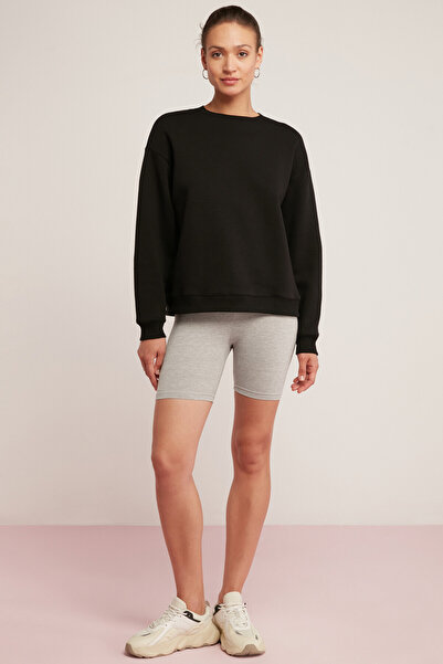 ETHIQUET Sahra γυναικεία φούτερ από φλις βαμβακερό μεγάλο μέγεθος - στρογγυλή λαιμόκοψη, απλό μαύρο