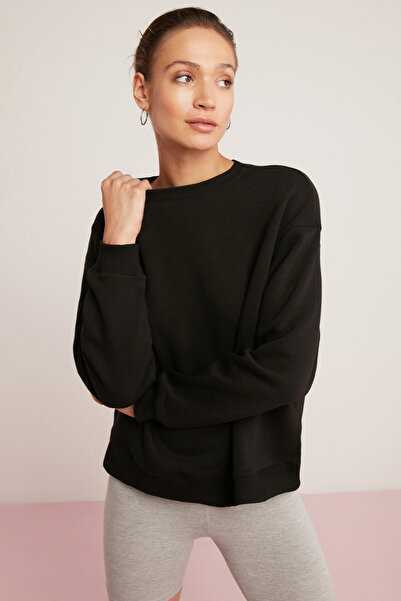 ETHIQUET Sahra γυναικεία φούτερ από φλις βαμβακερό μεγάλο μέγεθος - στρογγυλή λαιμόκοψη, απλό μαύρο