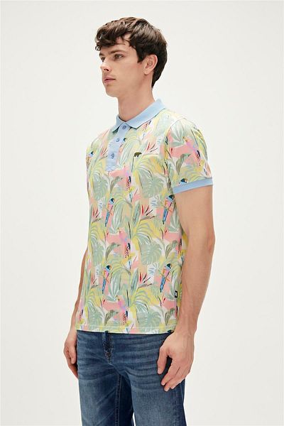Bad Bear Parrot Sky Blue Polo Neck Patterned Men's T-shirt