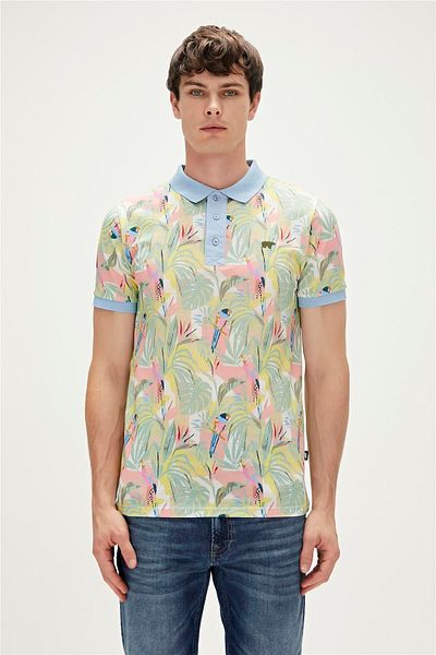 Bad Bear Parrot Sky Blue Polo Neck Patterned Men's T-shirt