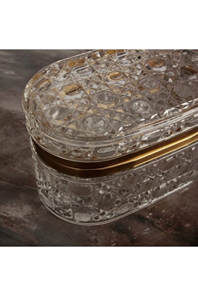Genel Markalar Gold Detaylı Cam Kapaklı Hasır Desen Lüks Takı Mücevher Kutusu