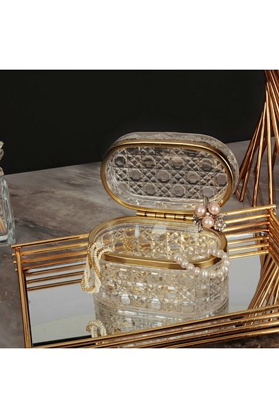 İnova Home Decor صندوق مجوهرات فاخر بنمط الخوص مع غطاء زجاجي ذهبي مفصل