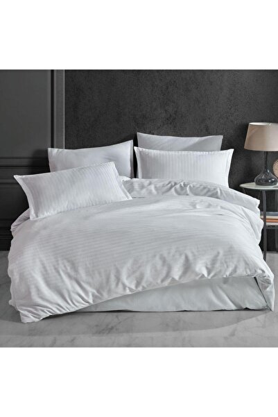 Clasy 100% Cotton Satin Striped Double Duvet Cover Set White