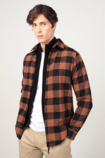 Tudors Slim Fit Uzun Kollu Kışlık Oduncu Kareli Erkek Hardal Gömlek