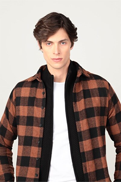 Tudors Slim Fit Uzun Kollu Kışlık Oduncu Kareli Erkek Hardal Gömlek