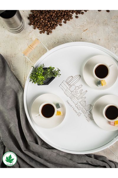 linmetal 37cm Wooden Handle White Metal Tray Round Tea Tray Presentation Tray with Wooden Handle (CACTUS PRINT)