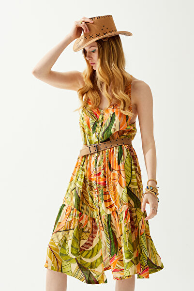 ENNA MODA Front Buttoned Slit Detail 100% Viscose Woven Fabric Midi Length Summer Dress Beachwear Resortwear