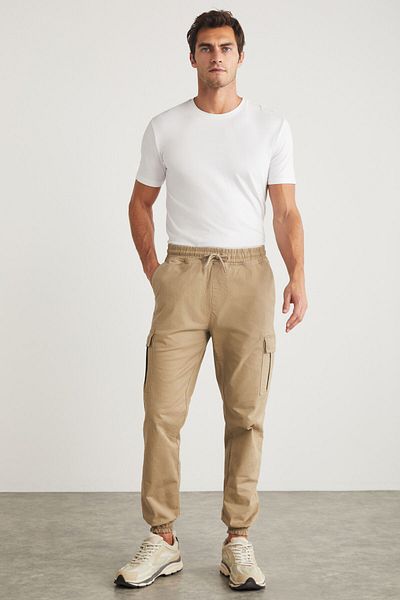 GRIMELANGE Cargo Men's Woven Cargo Pocket Beige Pants with Elastic Waist and Legs