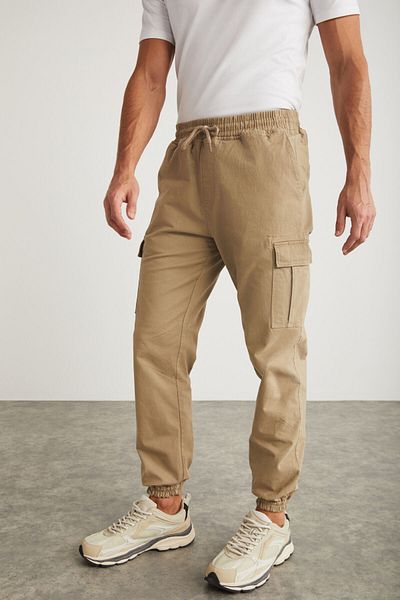 GRIMELANGE Cargo Men's Woven Cargo Pocket Beige Pants with Elastic Waist and Legs