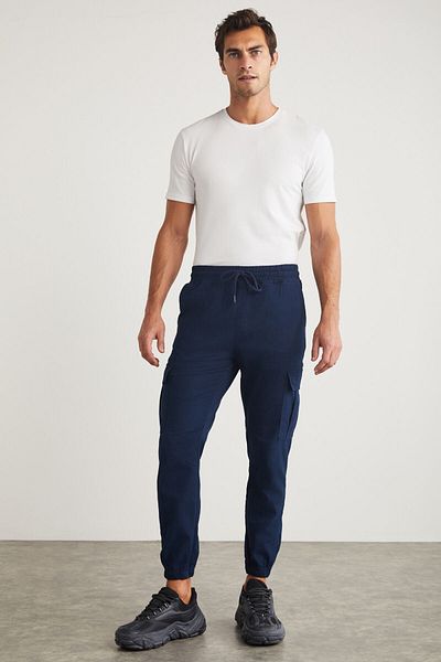 GRIMELANGE Cargo Men's Woven Cargo Pocket Navy Blue Trousers with Elastic Waist and Legs
