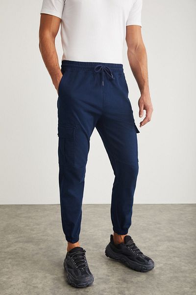 GRIMELANGE Cargo Men's Woven Cargo Pocket Navy Blue Trousers with Elastic Waist and Legs