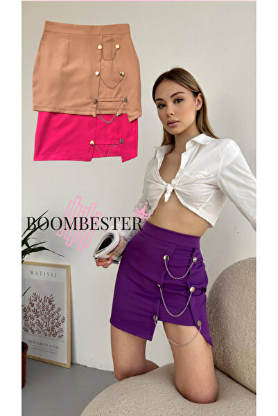 BoomBester Women's Beige Mini Skirt with Chain Detail Crepe Fabric