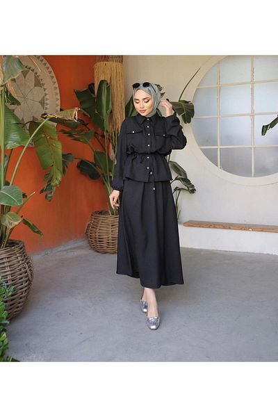 gül sezgin butik Γυναικείο λινό πουκάμισο σε μαύρο χρώμα Σετ 2 τεμ