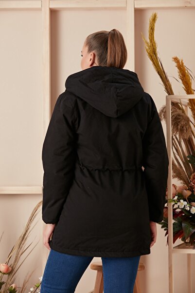RMG Hooded Plus Size Black Coat with Waist Tie Detail