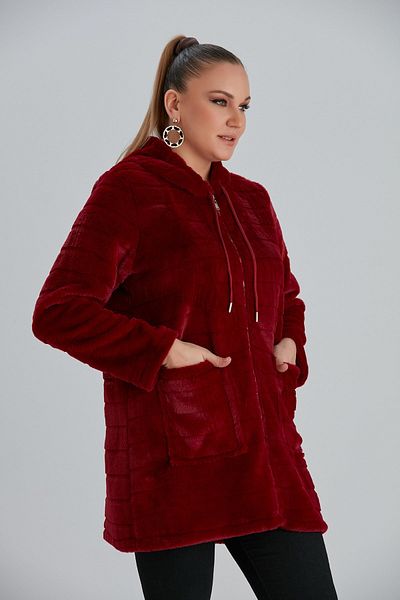 RMG Large Size Long Claret Red Plush Cardigan with Pocket Detail