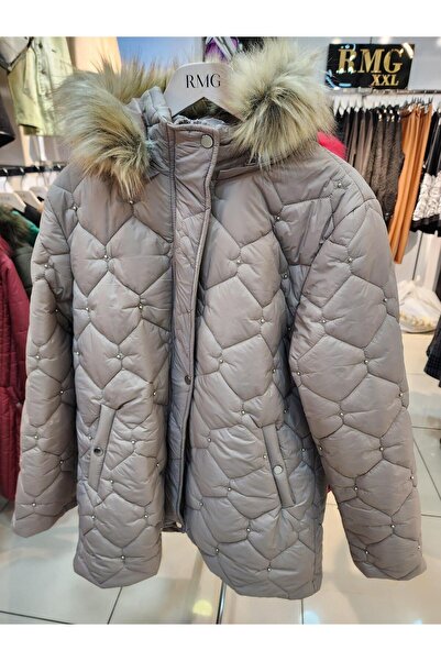 RMG Kapitone Incili Büyük Beden Vizon Mont