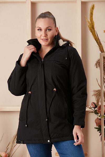 RMG Hooded Plus Size Black Coat with Waist Tie Detail