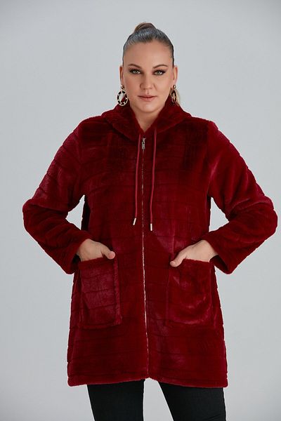RMG Large Size Long Claret Red Plush Cardigan with Pocket Detail