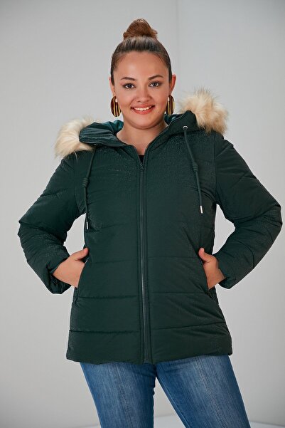 RMG Kapşonu Kürklü Büyük Beden Yeşil Mont