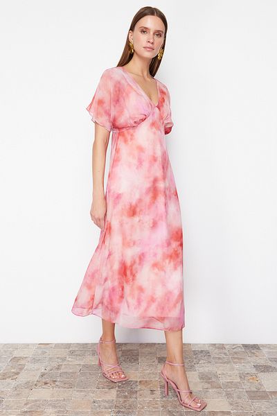 Trendyol Collection Rosa A-Linien-Maxikleid aus gewebtem Chiffon mit abstraktem Muster TWOSS24EL00812