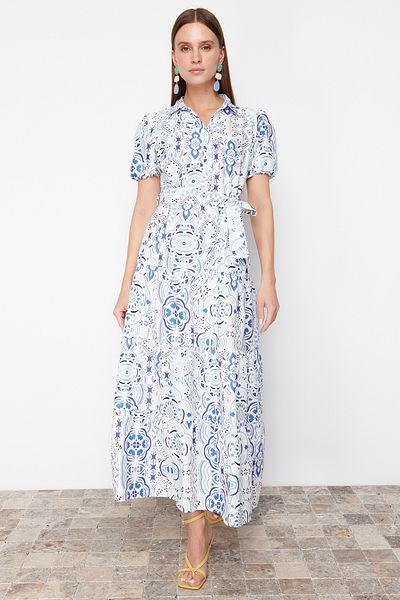 Trendyol Collection Rochie țesută maxi cu guler cămașă cu tăietură largă albastră TWOSS24EL00861