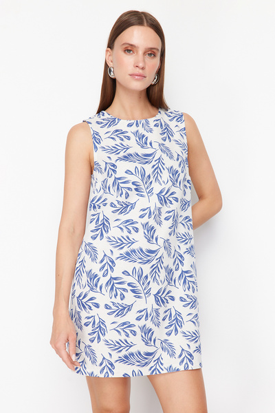 Trendyol Collection Modré mini tkané šaty s květinovým vzorem rovného střihu TWOSS24EL00936