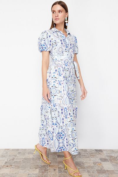 Trendyol Collection Rochie țesută maxi cu guler cămașă cu tăietură largă albastră TWOSS24EL00861