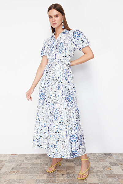 Trendyol Collection Μαξι υφαντό φόρεμα πουκάμισου με γιακά με φαρδύ κόψιμο TWOSS24EL00861