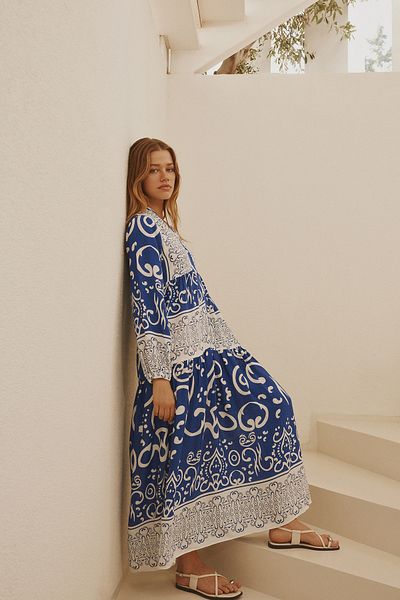 Trendyol Modest Tkané šaty s modrým vzorem na knoflíky - Tctss24eb00244