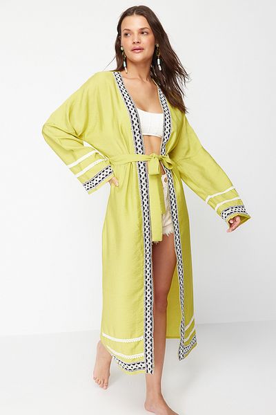 Trendyol Collection Green Belted Maxi Woven Stripe Accessory Kimono&Kaftan TBESS24KM00059