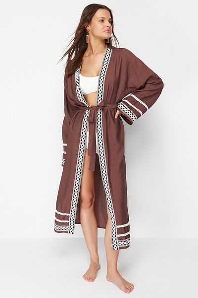 Trendyol Collection Hnědé Maxi Woven Stripe Příslušenství Kimono&Kaftan TBESS24KM00059