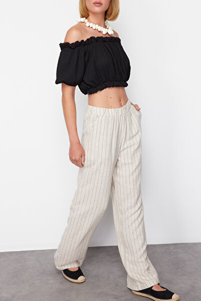 Edit by Trendyol Pantaloni țesuți cu dungi cu talie elastică cu picior lat ec...