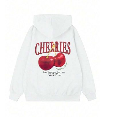 Onnbloom Ecru Color Oversize Hooded Hoodie - Unisex Street Wear Cherry Printed Sweatshirt