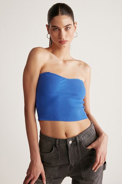 GRIMELANGE Keira Damen-Bustier aus trägerlosem, breitem, geripptem, dehnbarem Stoff in Saks-Blau