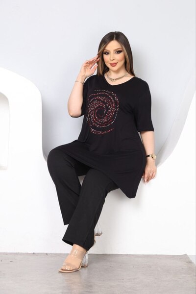 vividbutik V YAKA ÖNÜ RENKLİ TAŞLI ASİMETRİK TUNİK BLUZ