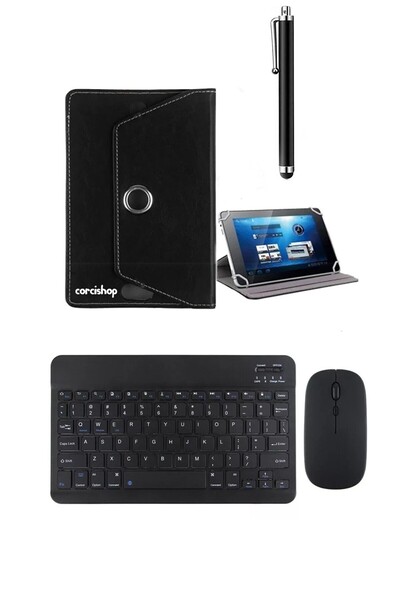 corcishop Hometech Alfa 8TX Kılıf Universal Standlı + Bluetooth Klavye Mouse Set +  Kalem Standlı