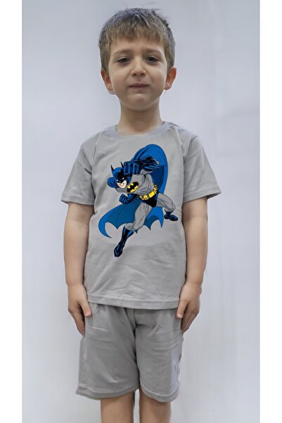 PHAMUK Bisiklet Yaka erkek %100 Pamuk kumaş gri çocuk şortlu takım batman bas...