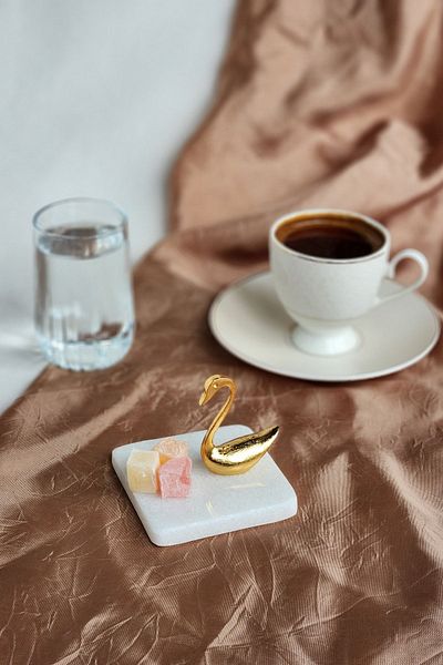 ioadesign Gold Groom Coffee Set - Marble Turkish Delight Bowl with Cup, Water Cup and Swan Figure
