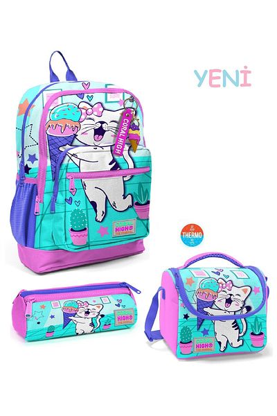 Coral High Kids Turquoise Pink Ice Cream Cat Patterned 3-Piece School Bag Set