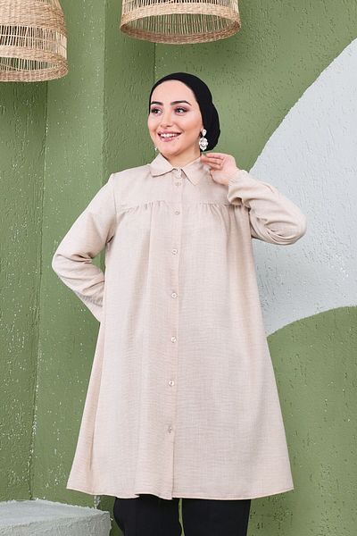 Giyim Gezegeni Women's Imported Linen Tunic Shirt with Gathered Front and Elastic Sleeves