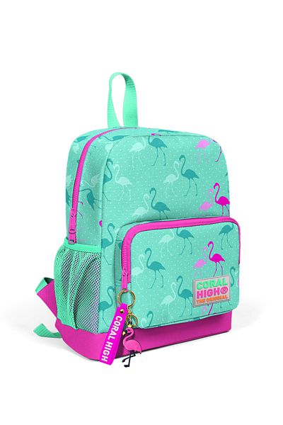 Coral High Rucsac de școală cu două compartimente pentru copii, verde apă, roz neon, cu model flamingo 23307