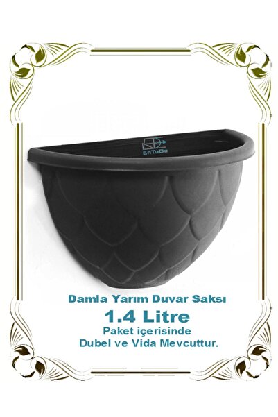 Entude Damla Yarım Duvar Saksı 1.4 Litre Antrasit 1 Adet, Dekoratif Balkon Saksısı