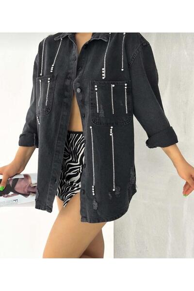 Oreo Taş Detaylı Oversize Jean Gömlek Ceket Füme