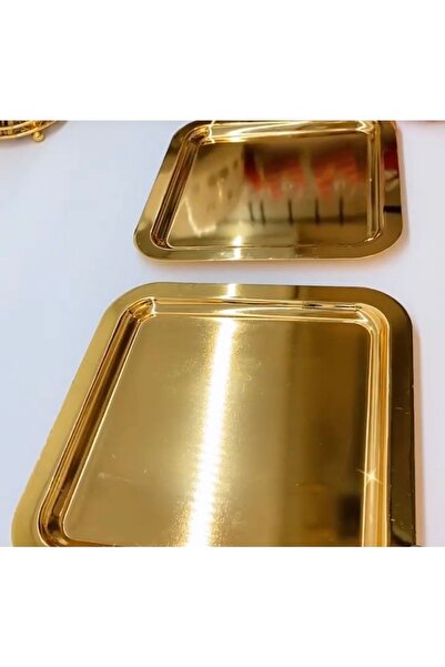 Genel Markalar Paslanmaz Çelik Kare Gold Kaplama 4 Lü Sunum Tepsisi Lüx Görünüm