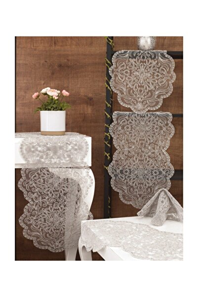 Jackline Gri Renk Salon Takımı 5 Parça Nakış Çeyiz Seti Amerikan Servis Dantelli Salon Set